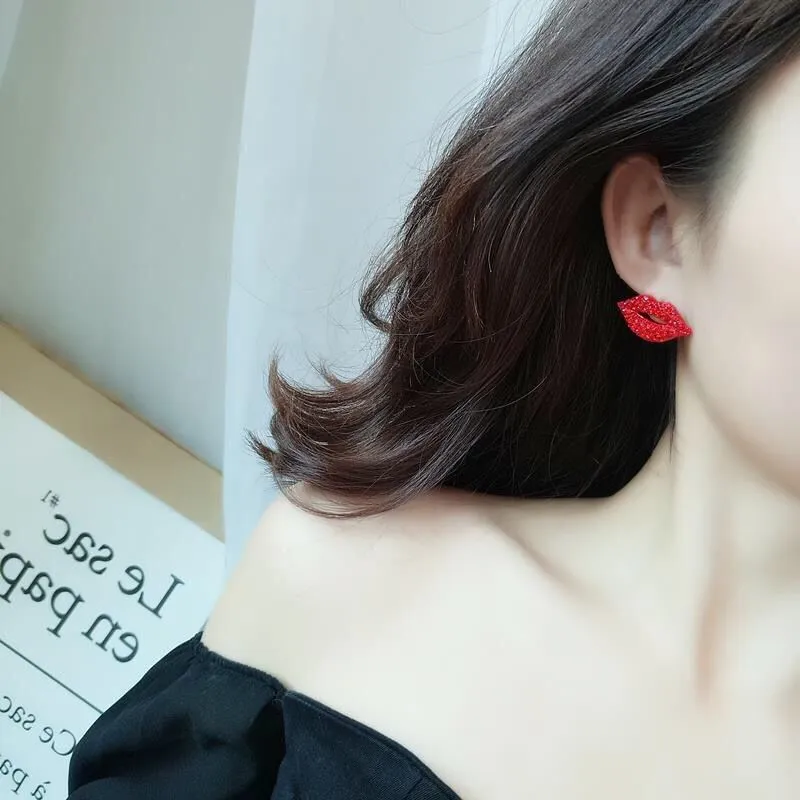 Rhinestone Pearl Personality Exaggerated Lip Big Stud Earrings