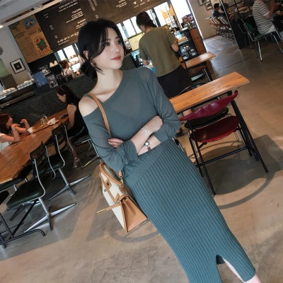 Striped knitted suspender dress revealing shoulder garment two fashionable suits for women