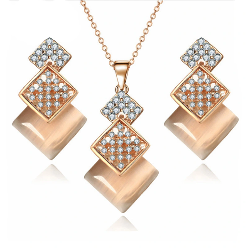 Geometric Hollow Square Diamond Opal Earring Necklace Set