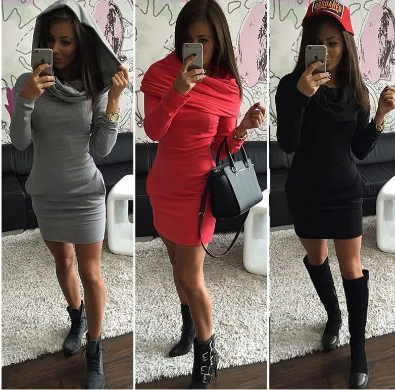 Autumn and winter explosions three-color hooded sweater bag hip long-sleeved warm dress
