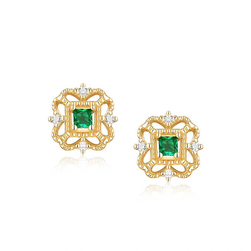 Earrings Silver Princess Square Green Zircon Stud Earrings Vintage Palace Style Earrings