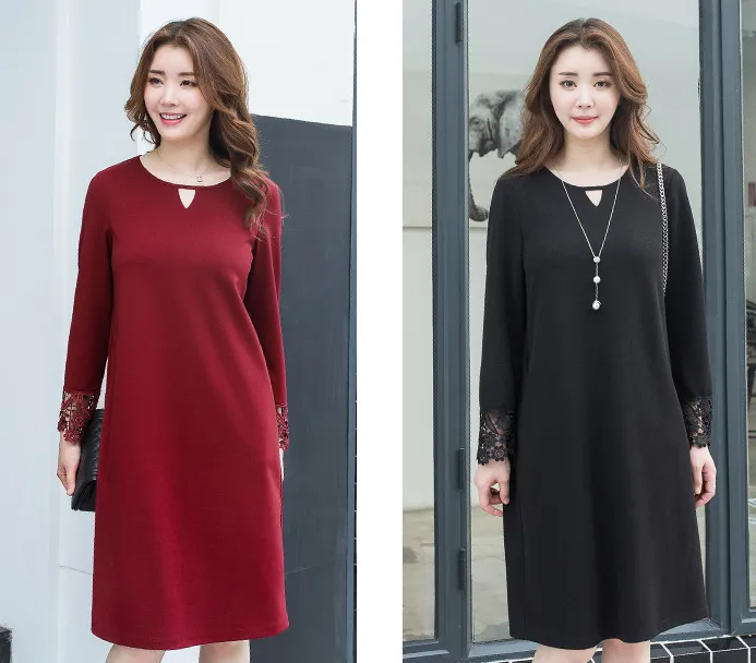 Fiber madding fat overweight code women''s fat mm autumn dress 2021 new horn sleeve lace splicing thin dress