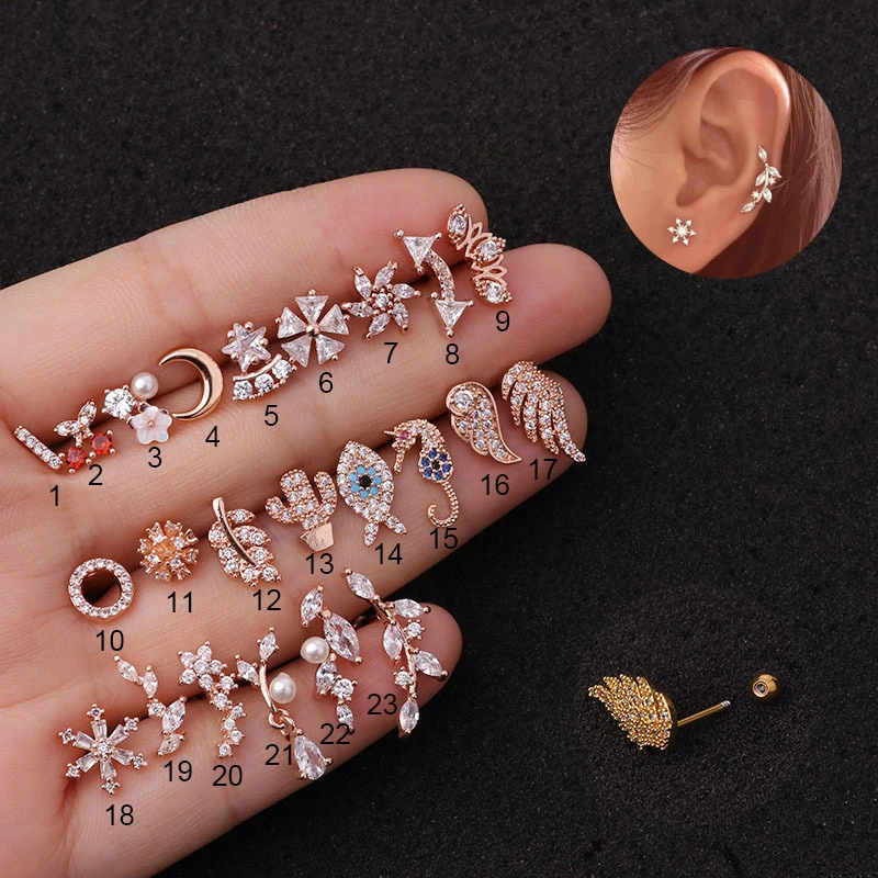 Ear Piercing Hippocampal Screw Stud Earrings Inlay Zircon Ear Bone Nail