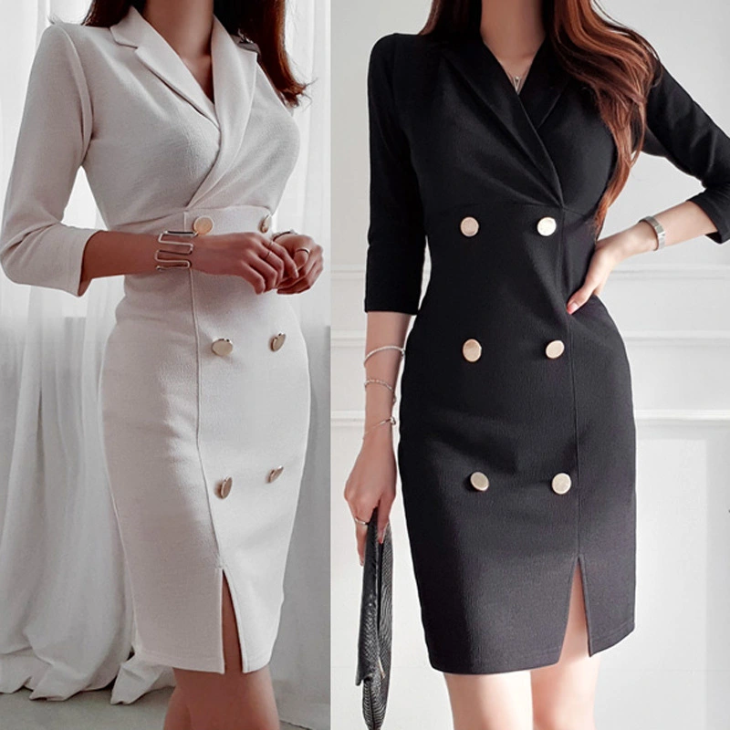 Double-breasted suit collar cropped sleeve dress