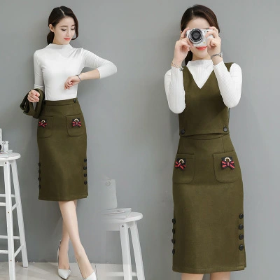 Autumn new long-sleeved woolen suit skirt long section two-piece strap skirt slim slimming dress