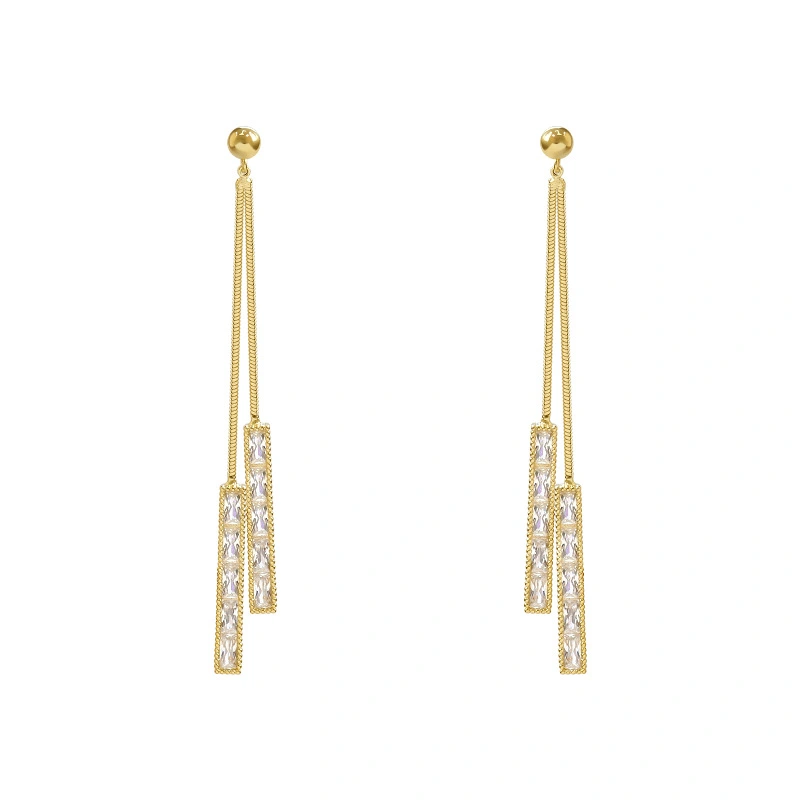 Long Fringed Zircon Pendant 925 Silver Needle Earrings