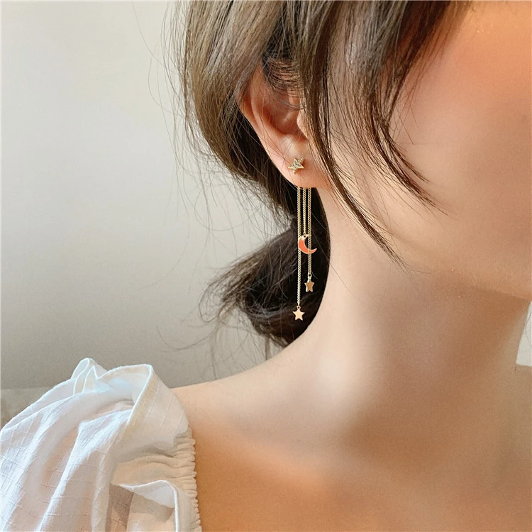 Silver Needle Stars Moon Long Tassel Earrings Earline Pendant Female