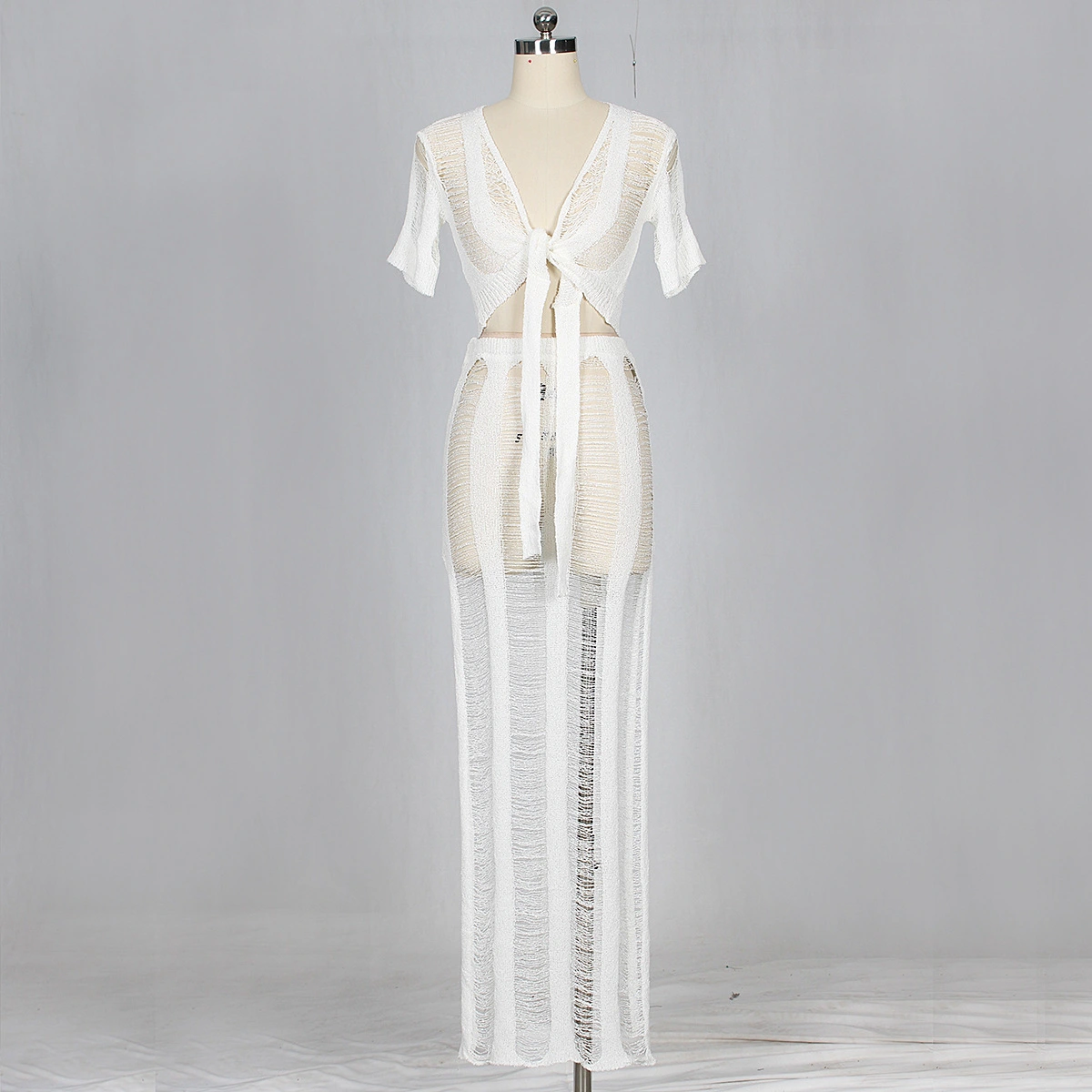 Hollow perspective nightclub knitted skirt two-piece suit