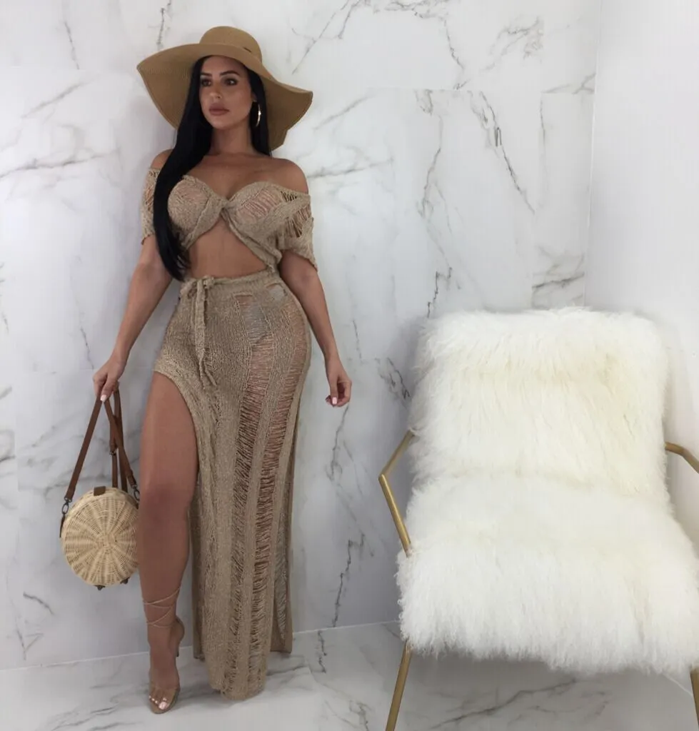 Hollow perspective nightclub knitted skirt two-piece suit