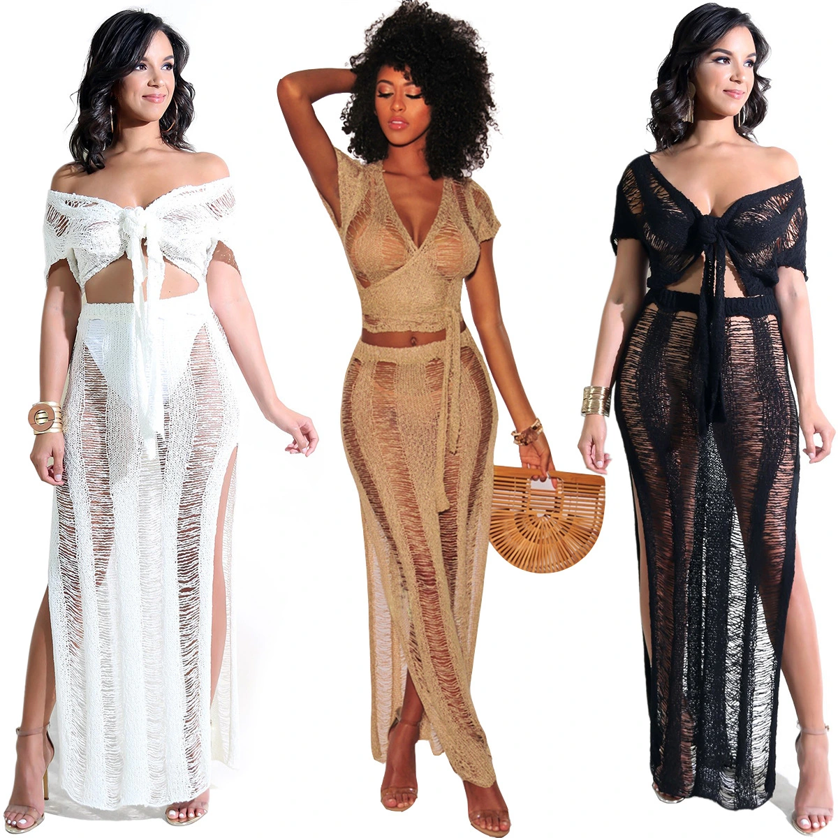 Hollow perspective nightclub knitted skirt two-piece suit