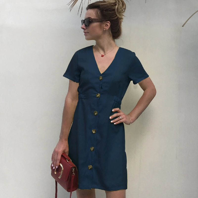 USA SIZE New women's solid color V-neck slim single-row button dress