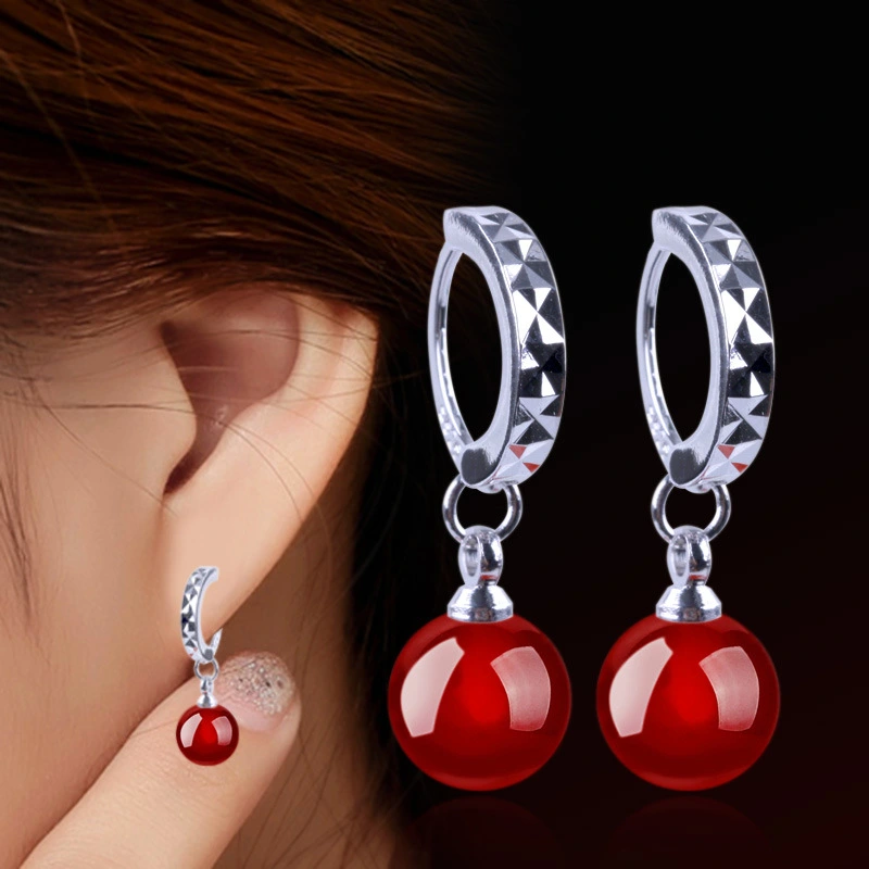 Women's natural black red onyx Korean version earrings silver-plated ear jewelry