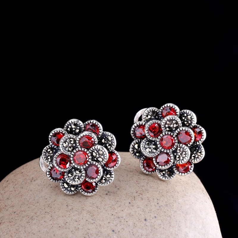 Ladies 925 Silver Jewelry Flower Red Zircon Earrings