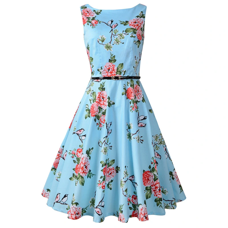 USA SIZE Audrey 50's Peony and Bird Print Sleeveless Slim Thin Dress