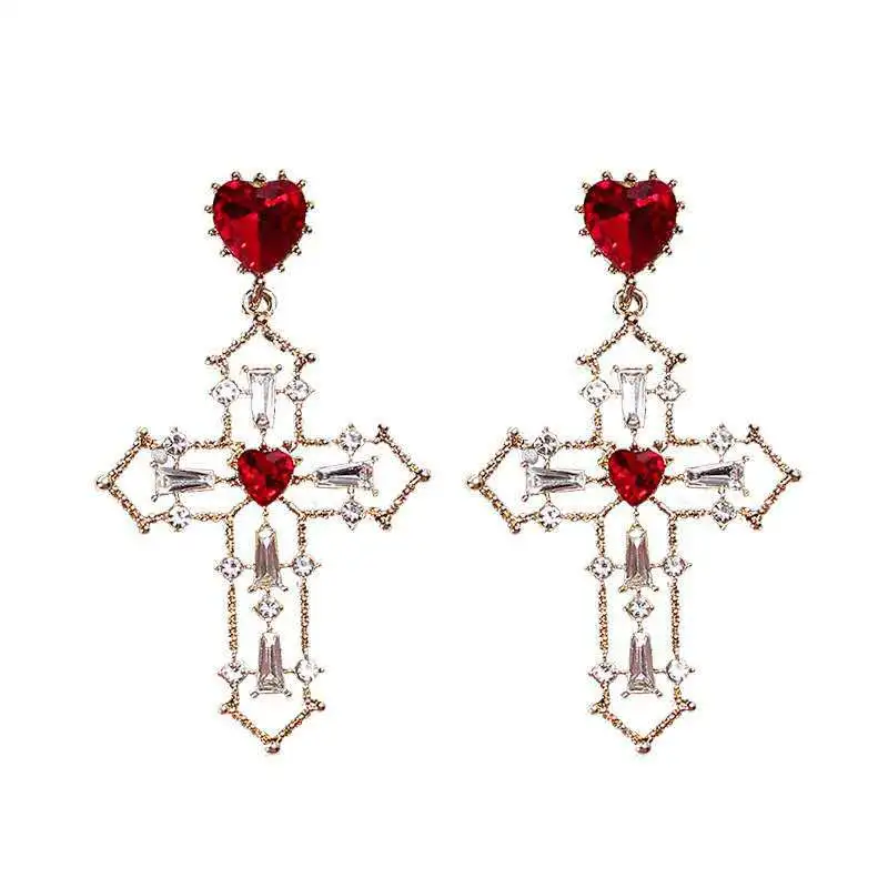 Golden cross earrings peach heart exaggerated earrings
