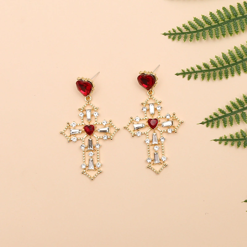 Golden cross earrings peach heart exaggerated earrings