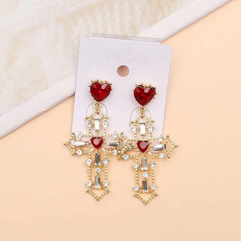 Golden cross earrings peach heart exaggerated earrings