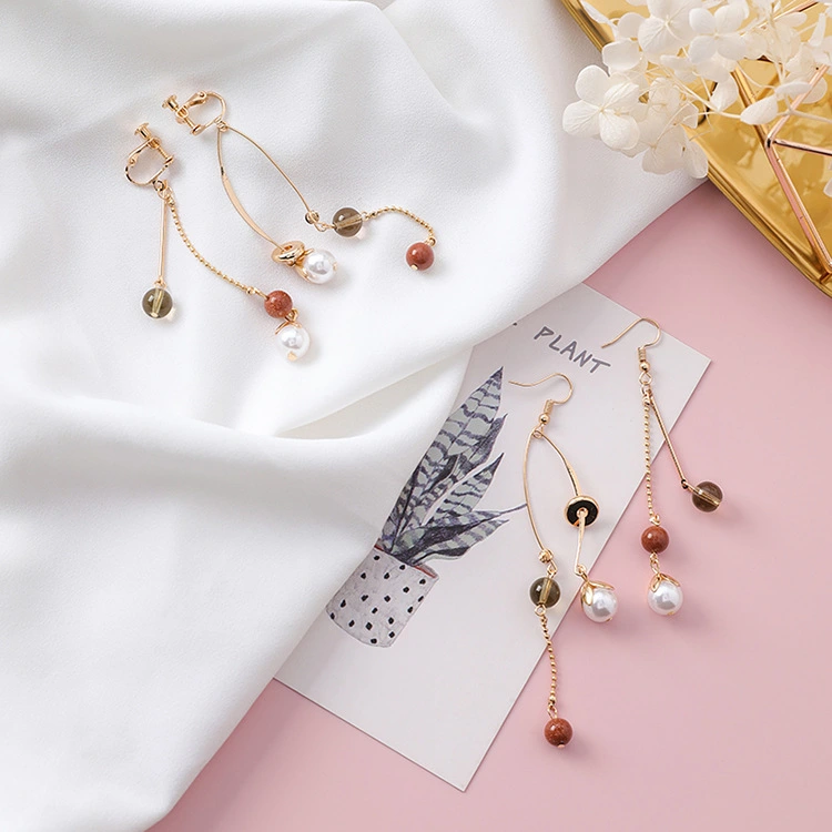 Bohemian long asymmetrical pearl earrings