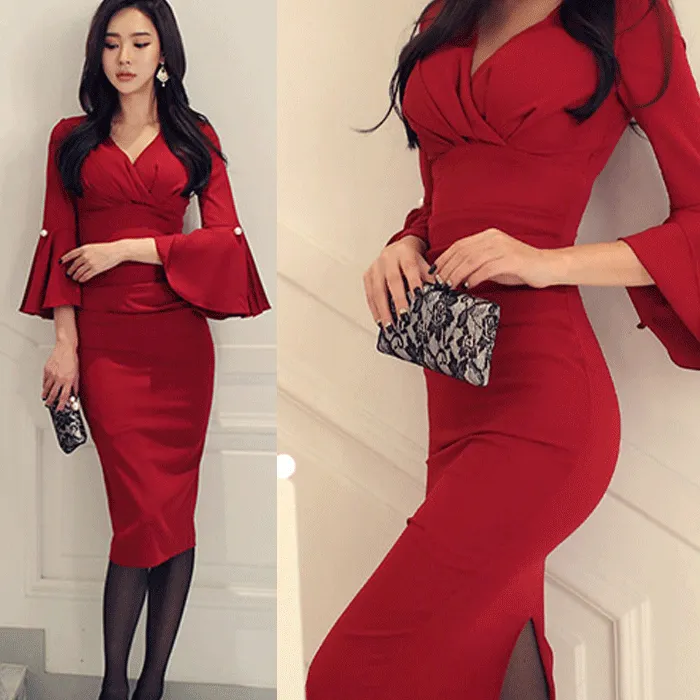 V-neck trumpet sleeve sexy evening dress bag hip dress