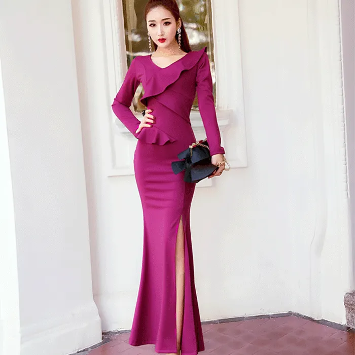 Spring and autumn new Korean sexy V-neck high waist slim slimming long-sleeved dress dress long skirt