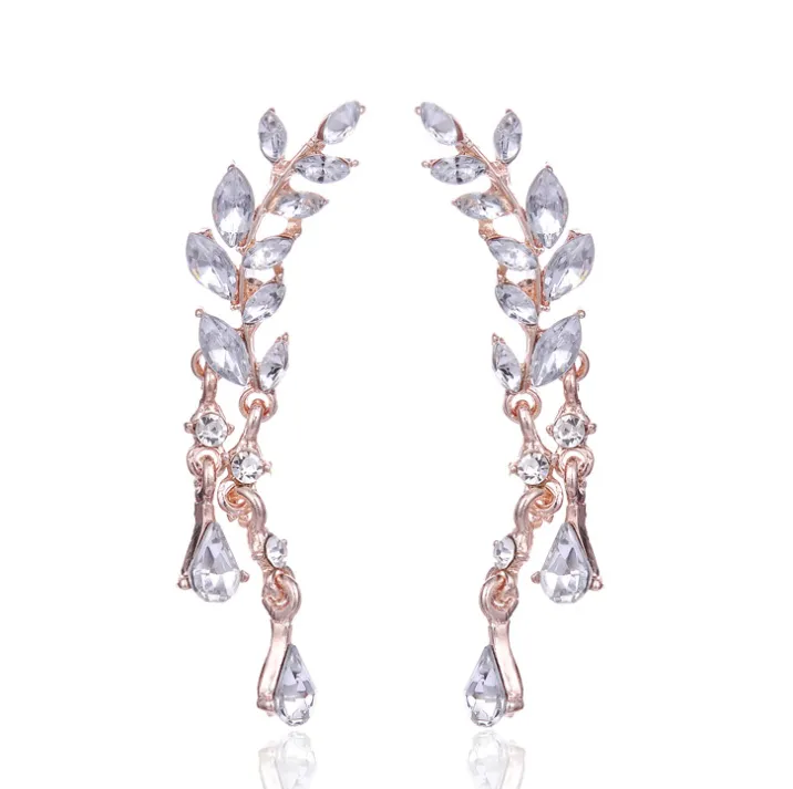 Korean temperament creative fashion diamond simple alloy leaves tassel earrings leaf resin earrings