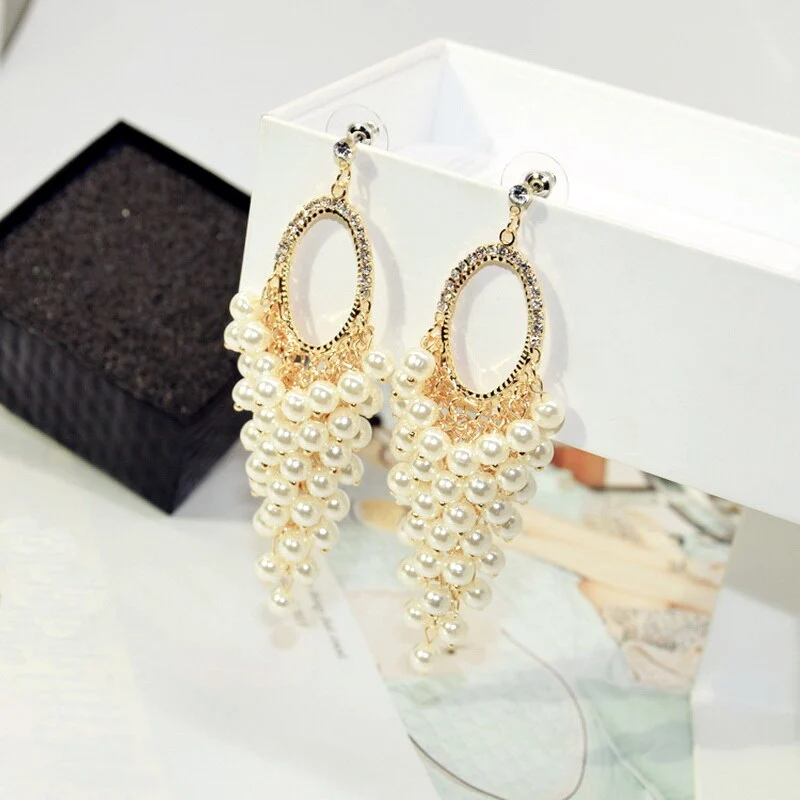 Korean Style Popular Style Oval Long Pearl Ear