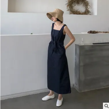 South Korea's Dongdaemun Harness Dress Plain High Waist Long Dress