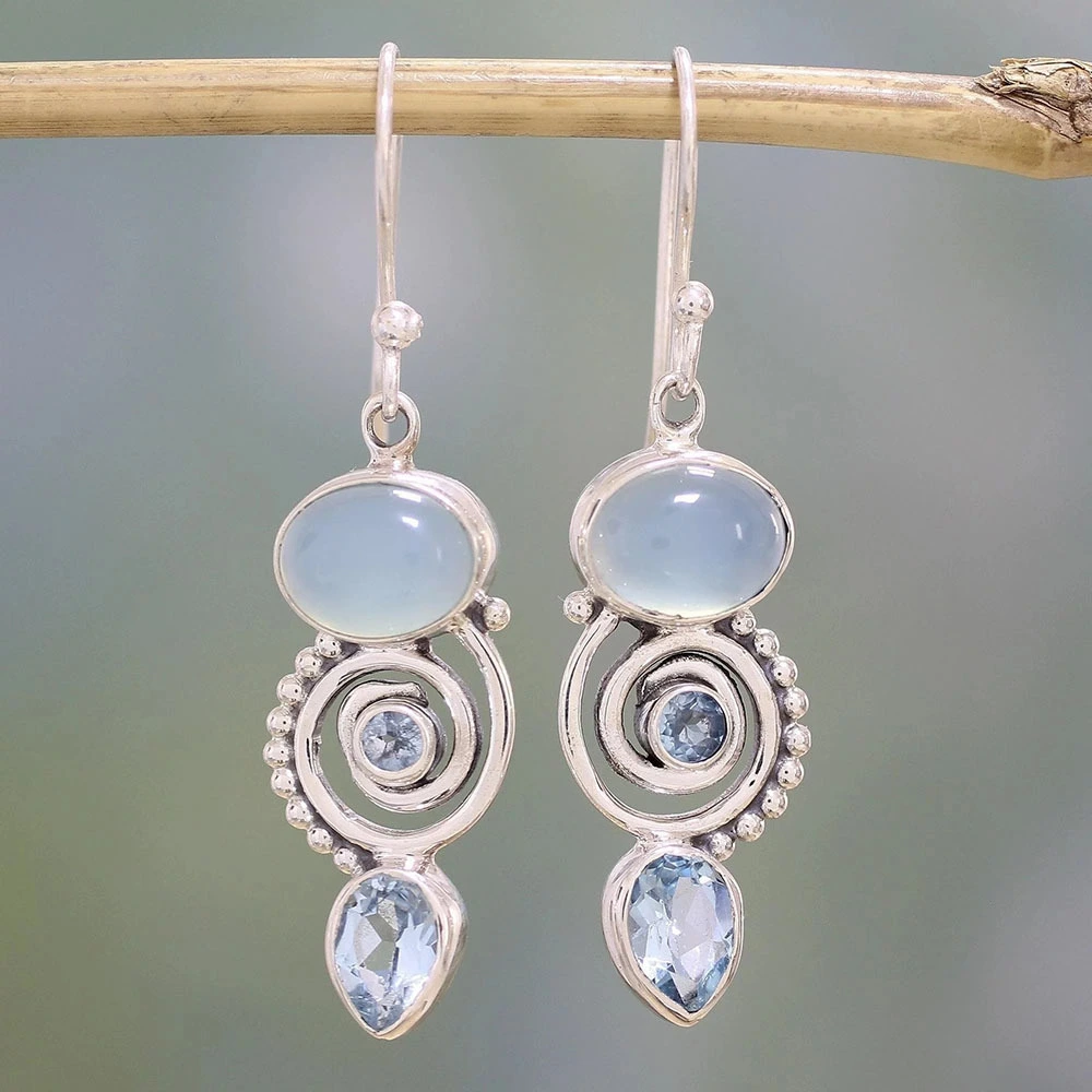 Inlaid sea blue topaz earrings