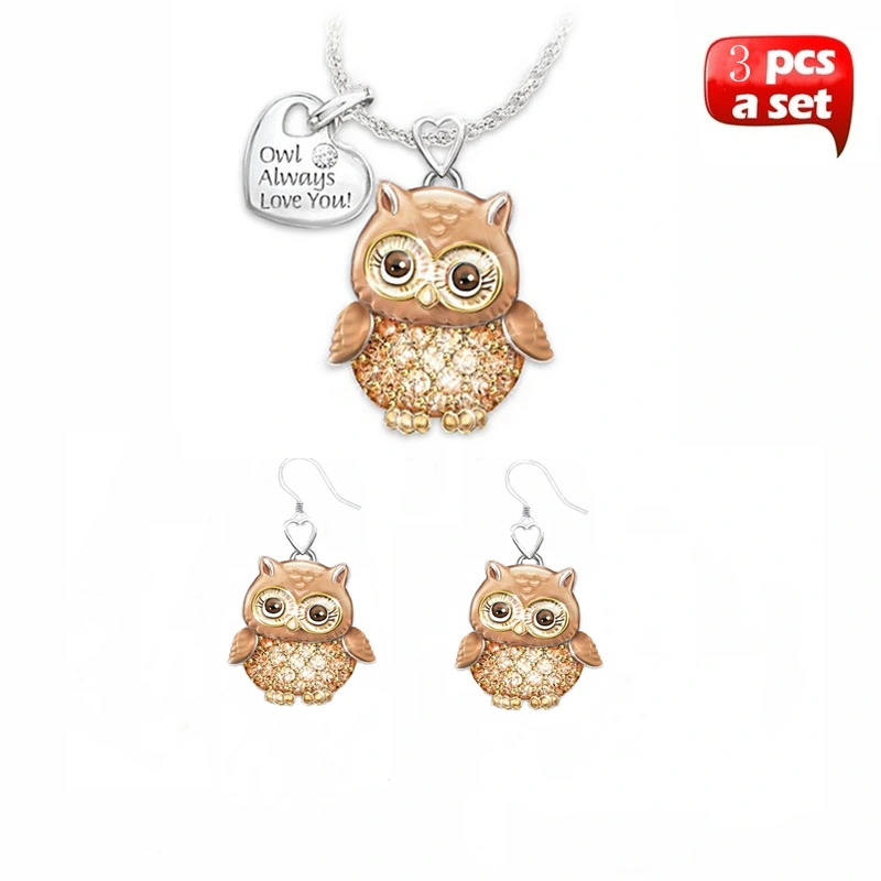 Two-tone owl bee necklace earring set
