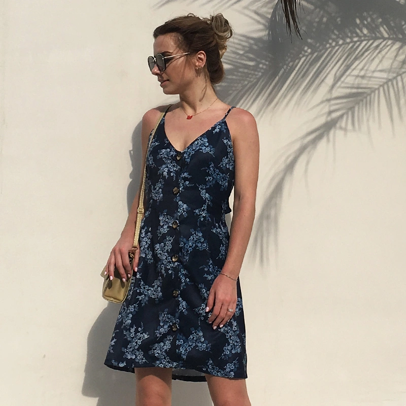 USA SIZE Single-row button printed sling dress backless straps bow holiday A word beach skirt