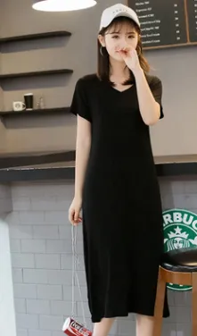 Spring large size short-sleeved dress female 2021 new v-neck bottoming black dress summer slim dress dress