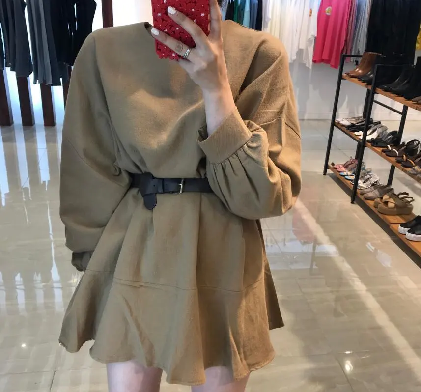 Long-sleeved dress temperament lazy short skirt women with belt