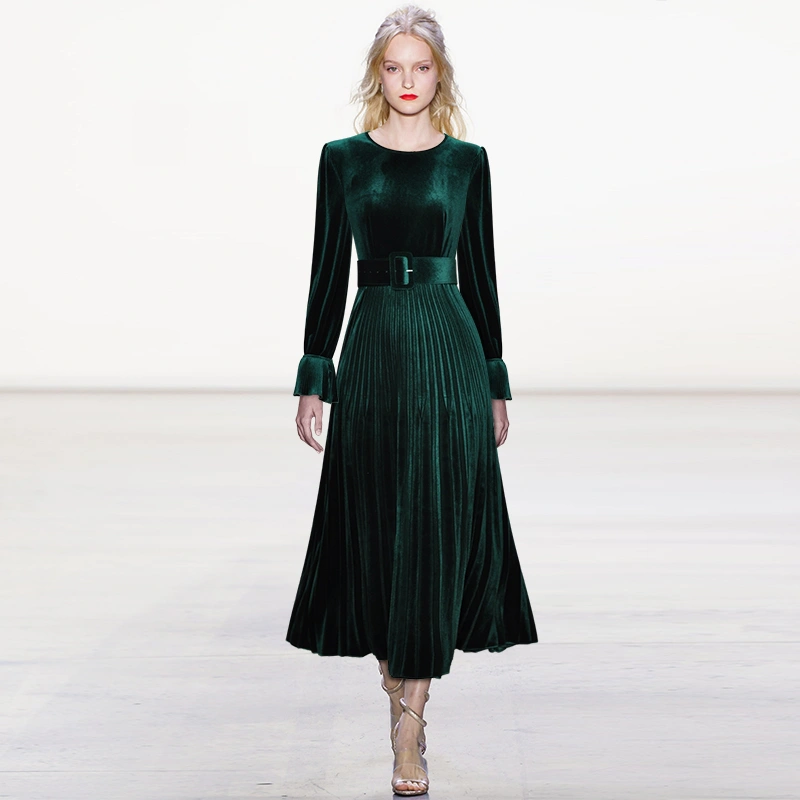 Lace-up Waist Pleated Big Hem Long Gown Velvet Dress