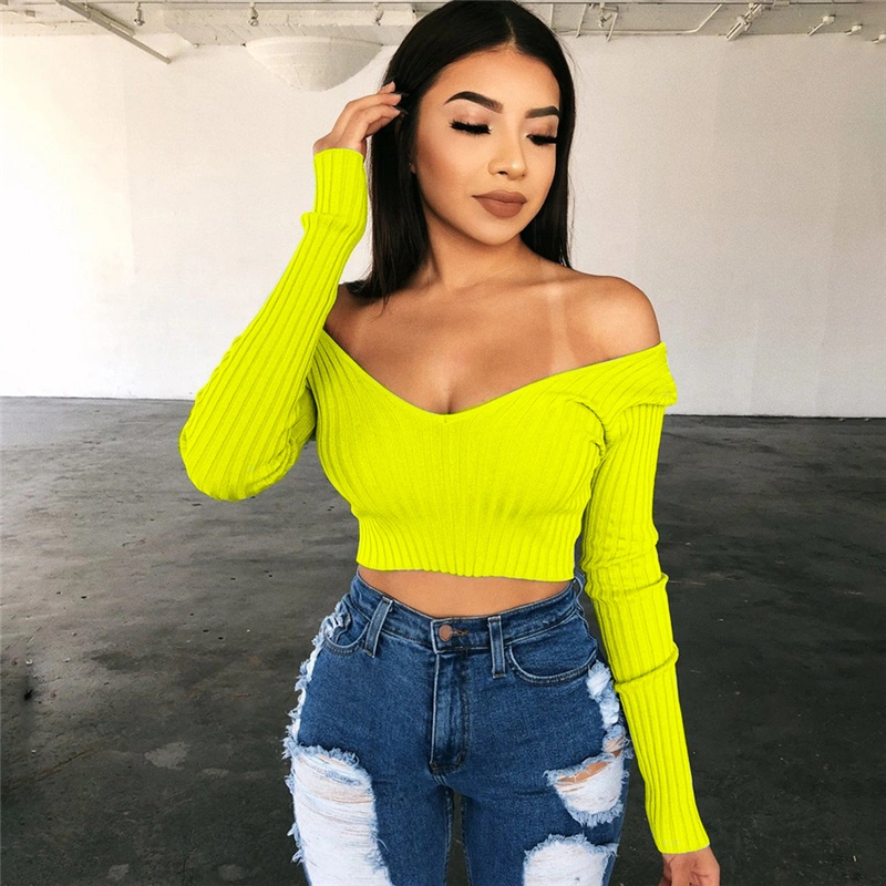 V-neck long-sleeved off-shoulder open-neck sweater