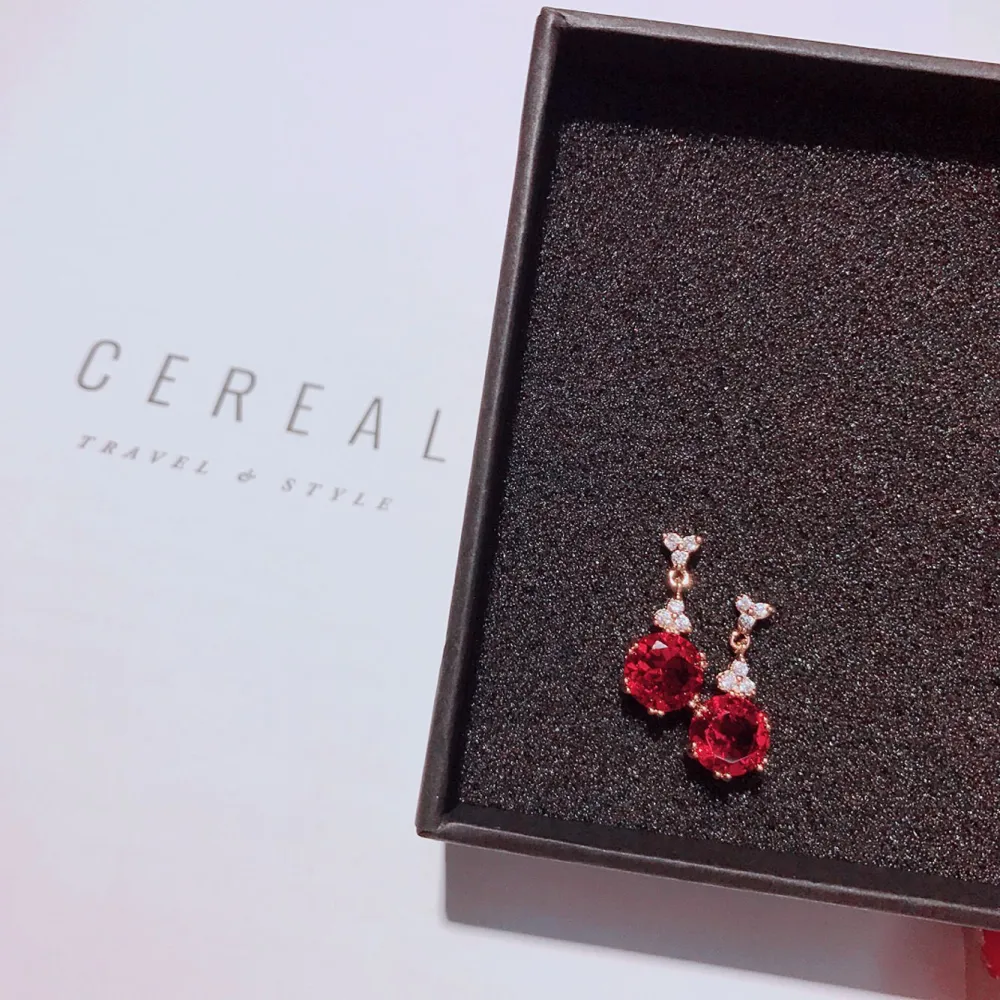 S925 silver needle Korean water drop ruby earrings