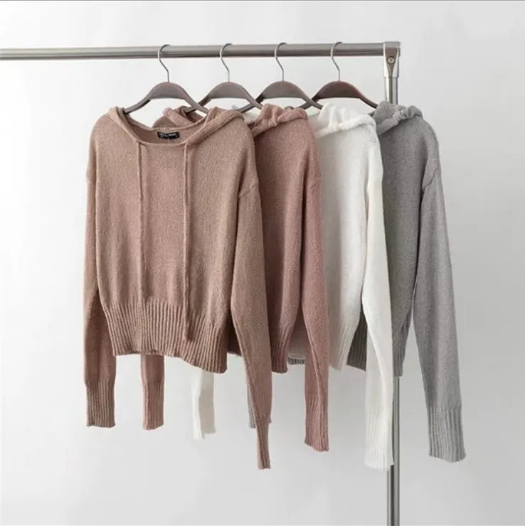 Autumn Knitted Hooded Sweater Women Casual winter Knitting Hooded Grey Pullovers Ladies Long Sleeve Loose knitted Tops