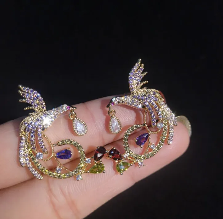 925 silver needle heavy work earrings European and American phoenix color bird big earrings