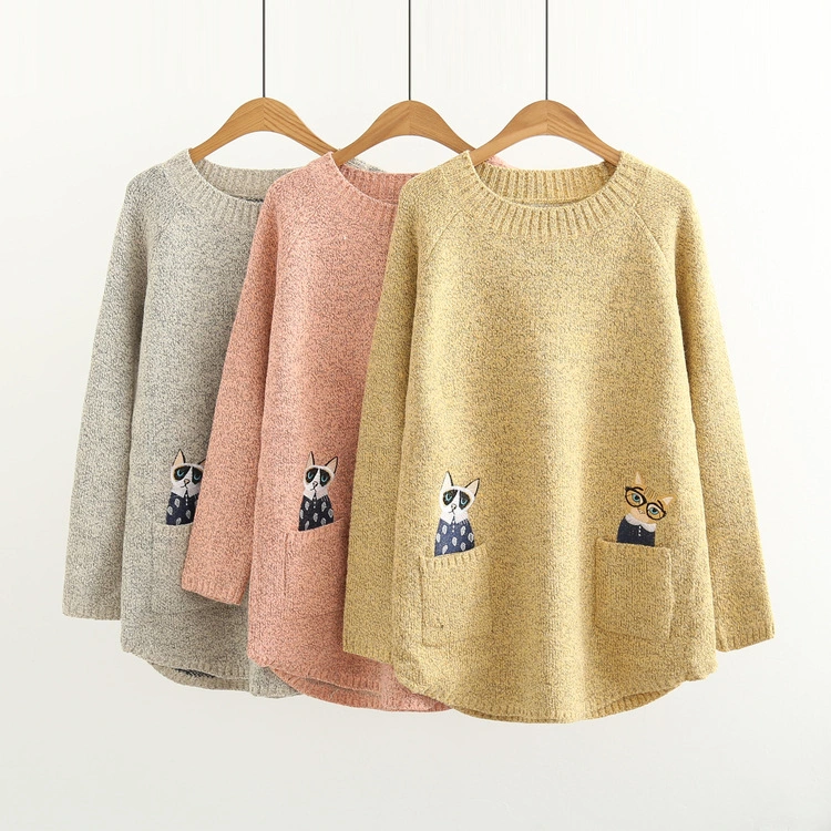 Pocket cat embroidery long pullovers