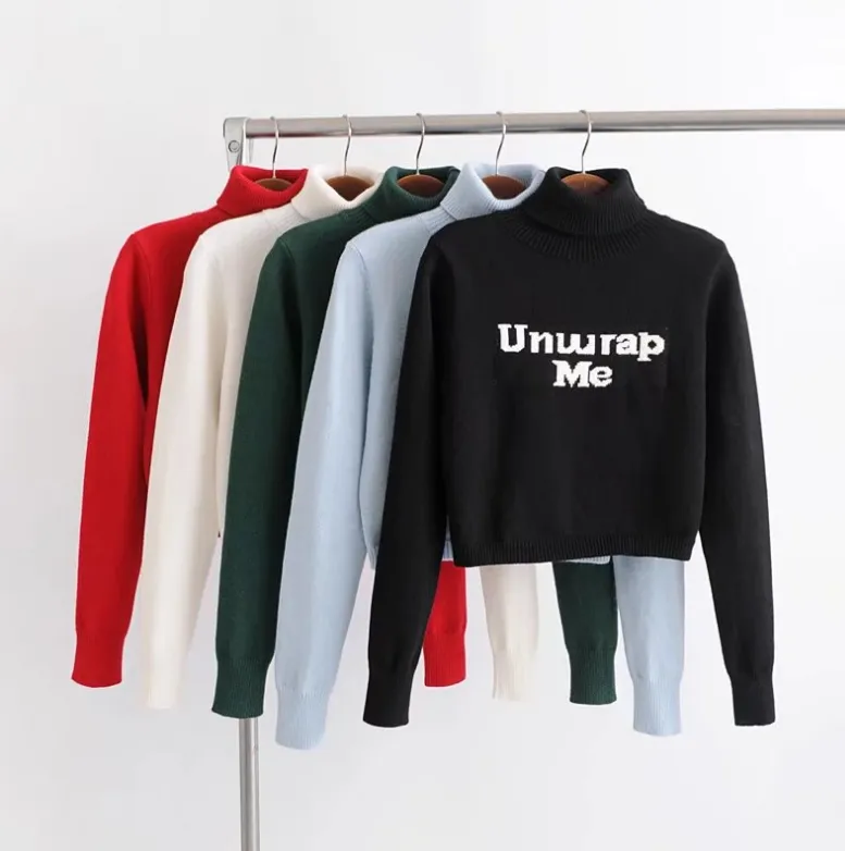 Solid color high collar letter embroidery slim long sleeve sweater