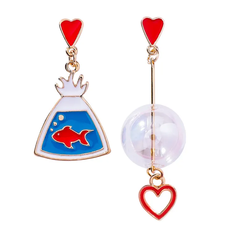 Cartoon love transparent glass ball small fish asymmetric earrings