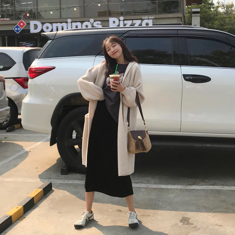 Long hooded sweater knit coat
