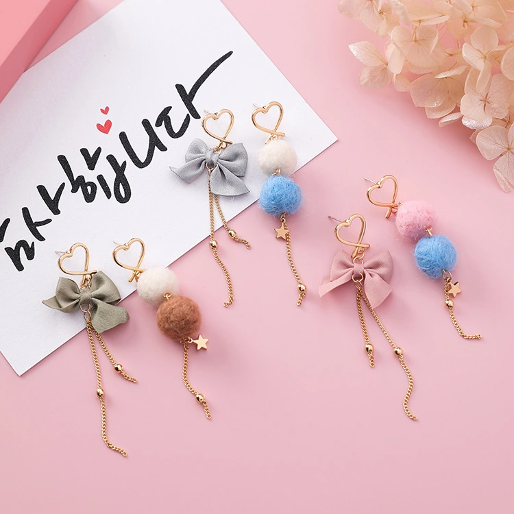 925 silver needle sweet hair ball bow love tassel earrings girl heart ball asymmetric earrings