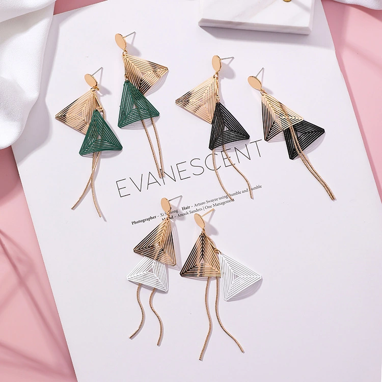 Fashion exaggerated earrings personality color matching triangle tassel long earrings double geometric earrings