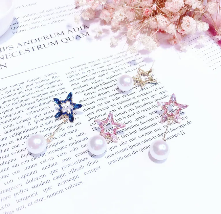 Pentagram Asymmetric Earrings Star Pearl Stud Earrings