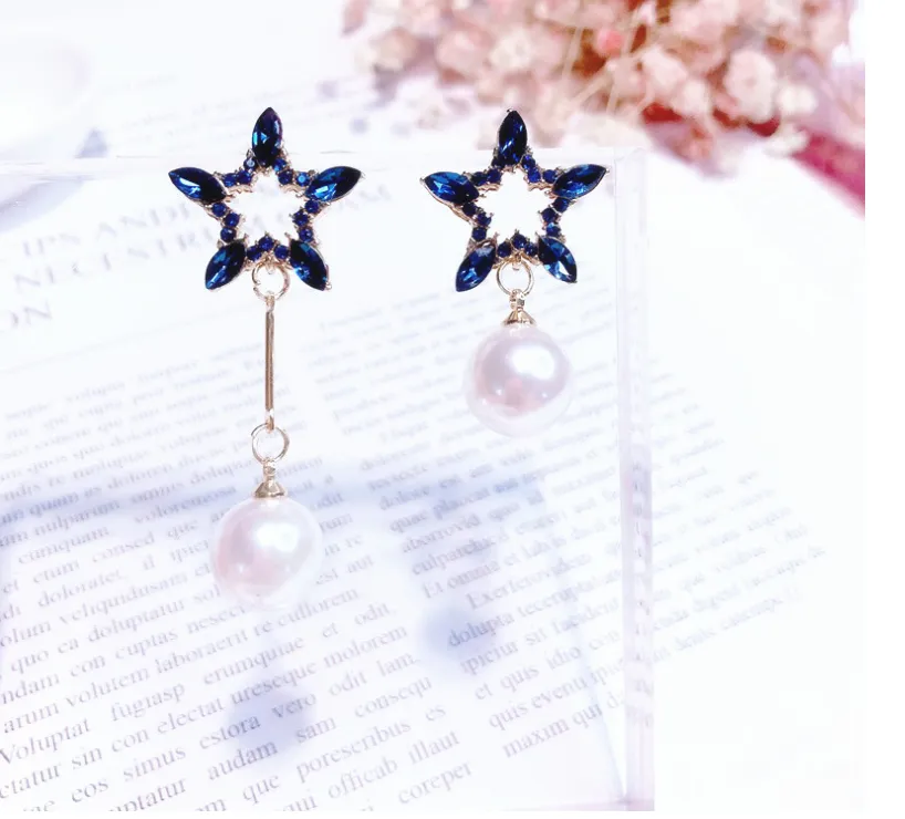 Pentagram Asymmetric Earrings Star Pearl Stud Earrings