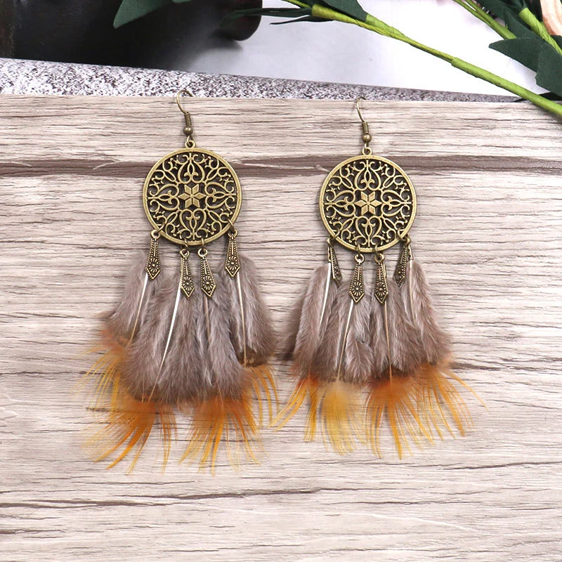 Big ring love coffee color feather earrings