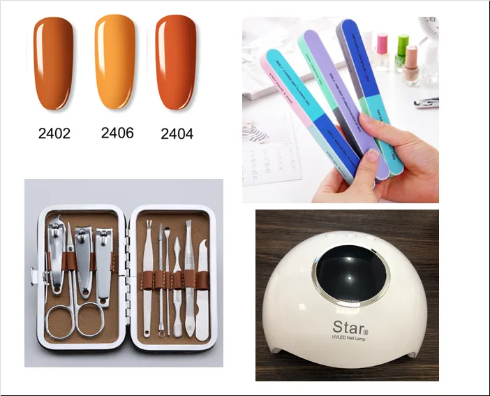 RC series nail polish+Nail rubber baking lamp+Stainless steel nail clipper set+ Six-sided Polishing Nail Tool