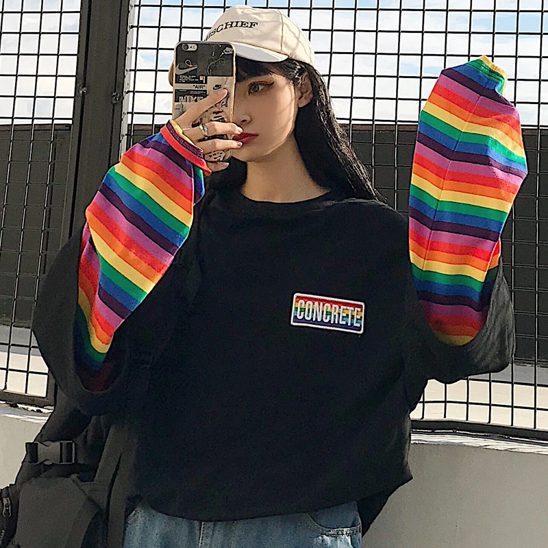 Hoodies Women Ulzzang Fake Two Pieces Sweet Rainbow Striped Womens Harajuku Hoodie Chic Patchwork White Oversized Soft Lady Tops