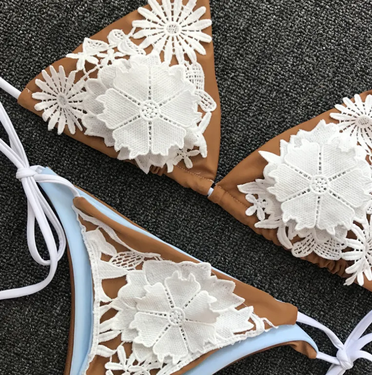 Bikini 2021 Maillot De Bain Femme Pure Color Sexy Strap Bikini Lace Flower Swimsuit Swimwear Women Bikinis Women