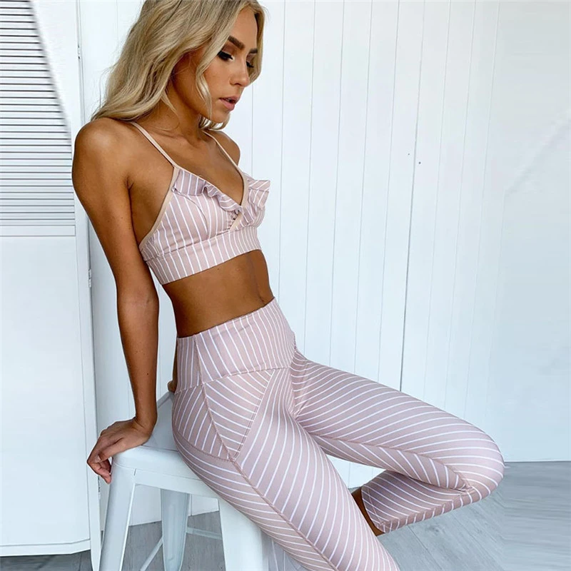 Winter new women's striped lace yoga fitness suit